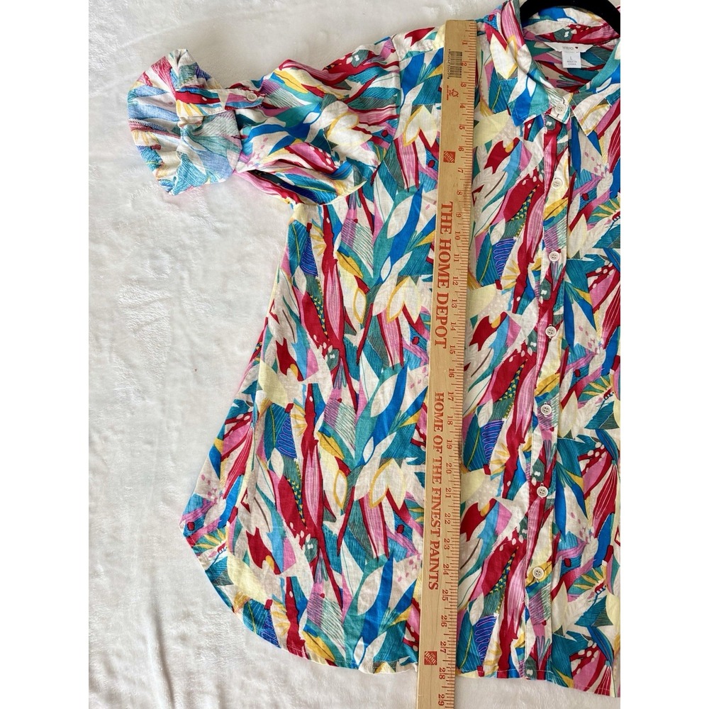 Intro❤️ Women's Top Size Large Linen Blend Multi Color Roll Sleeves (B3) - Picture 3 of 7